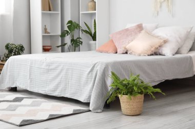 Yatak odasının içinde rahat bir yatak, raflar ve ev bitkileri var.