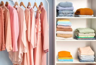 Soyunma odasında elbise ve askılar var.