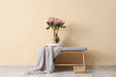 İçinde protea çiçekleri olan vazolar ve odadaki bej duvarın yanındaki yumuşak bankta ekose.