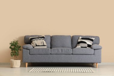 Oda da bej duvarın yanında rahat bir kanepe ve çiçek var.