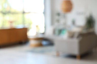 Gri kanepeleri, çekmeceleri ve bitkileri olan oturma odasının bulanık görüntüsü