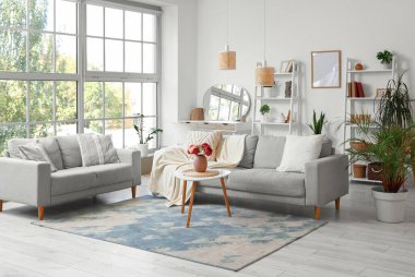 Gri koltukları, raf üniteleri ve bitkileri olan şık bir oturma odası.