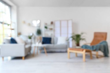 Gri koltukları, koltukları ve bitkileri olan bulanık oturma odası manzarası