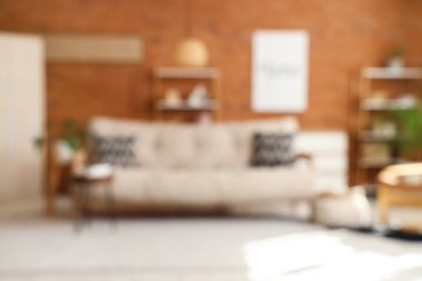 Oturma odasının bulanık görüntüsü, kanepe ve raf üniteleri.