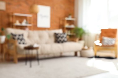 Koltuğu, koltuğu ve raf ünitesi olan oturma odasının bulanık görüntüsü