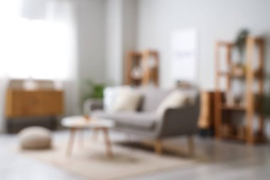 Gri kanepe, masa ve raf üniteleriyle aydınlık oturma odasını bulanık görmek