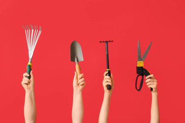 Kırmızı arkaplanda bahçe aletleri olan kadın elleri