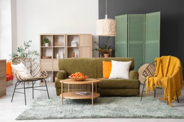 Konforlu kanepe, koltuklar ve sepet. Oturma odasının iç tarafındaki sehpada kayısı var.