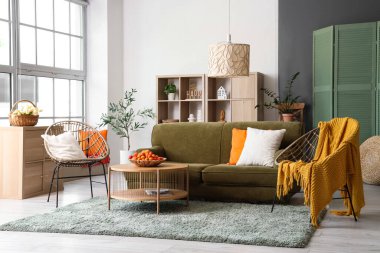 Konforlu kanepe, koltuklar ve sepet. Oturma odasının iç tarafındaki sehpada kayısı var.