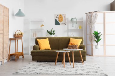 Oturma odasındaki kahve masasında rahat bir kanepe ve bir sepet kayısı.