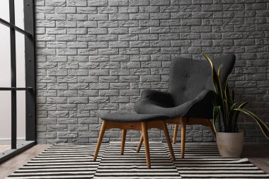 Çizgili halısı, koltuğu ve bitkisi olan oturma odası.