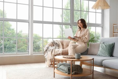 Modern dizüstü bilgisayarlı güzel bir kadın oturma odasında gri koltukta oturuyor.