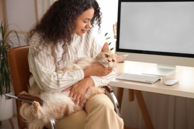 Güzel, genç, mutlu, Afro-Amerikan kadın evde sevimli Maine Rakun kedisiyle çalışıyor.