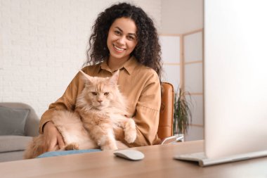 Güzel, genç, mutlu, Afro-Amerikan kadın evde sevimli Maine Rakun kedisiyle çalışıyor.