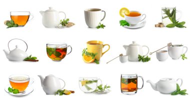 Beyaz arkaplanda sıcak nane çayı seti