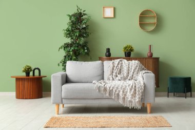 Gri rahat kanepe, ekose ve halısı olan bir oturma odası.