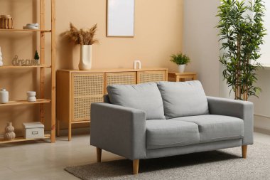 Gri rahat kanepe, oturma odasında bitki var.