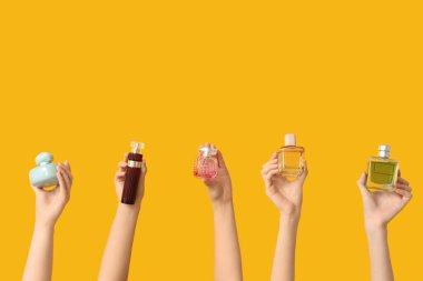 Sarı arka planda parfüm şişeleri olan kadın elleri.