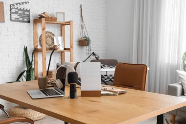 Stüdyoda mikrofon ve dizüstü bilgisayarla Podcaster 'ın işyeri