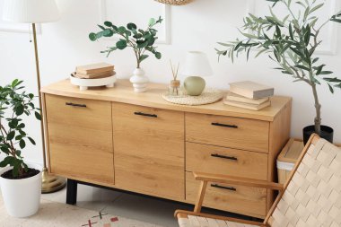 Odanın içinde ahşap klozet, lambalar ve bitkiler var.