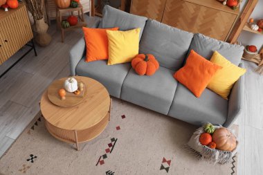 Oturma odası içi gri kanepe, sehpa ve farklı balkabaklarıyla dolu hasır sepet.