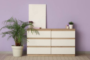 Ev bitkisi, çekmeceler ve şık oturma odasındaki mor duvarın yanındaki resim.