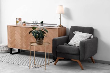 Çekmece, koltuk ve kahve masası. Oturma odasının iç tarafında saksı var.