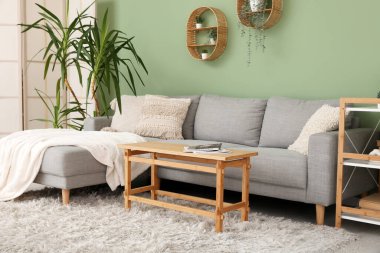 Oturma odasının iç tarafında rahat bir kanepe, çiçek ve kahve masası.