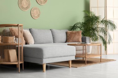 Rahat bir kanepe, kahve masası, raf ünitesi ve oturma odasının iç tarafındaki bitki örtüsü.