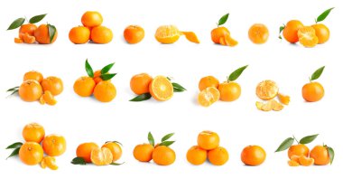 Beyaz arkaplanda birçok olgun mandalina kümesi