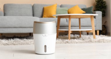 Modern hava temizleyicisi, şık oturma odasında yerde.