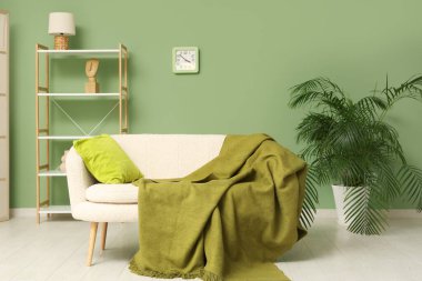 Oturma odasının içinde beyaz kanepe, raf ünitesi ve saat yeşil duvarda.