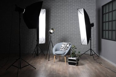 Profesyonel ekipman, ev bitkisi ve koltuk bulunan karanlık fotoğraf stüdyosunun içi