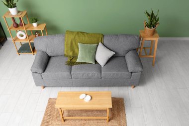 Oturma odasının içinde şık gri kanepe, ahşap sehpa ve ev bitkileri var.