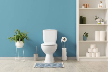 Tuvaletin içinde klozet, raf ünitesi ve mavi duvarın yanında bitki var.