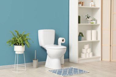 Tuvaletin içinde klozet, raf ünitesi ve mavi duvarın yanında bitki var.