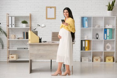 İş yerinin yakınında cep telefonu kullanan güzel hamile bir iş kadını.