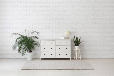 Oturma odasındaki beyaz tuğla duvarın yanında çekmeceler, halı ve bitkiler.