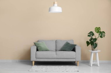 Gri kanepesi, sehpası, çiçek ve asılı lambası olan şık bir oturma odası.