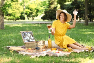Parkta piknikte şarap içen güzel gülümseyen genç bir kadın.