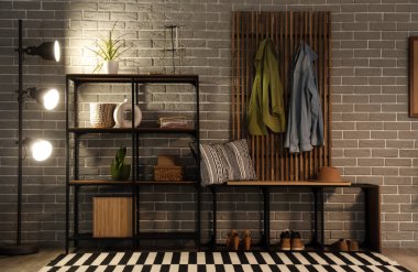 Parlayan lamba, palto askısı ve rafları olan salonun içi.