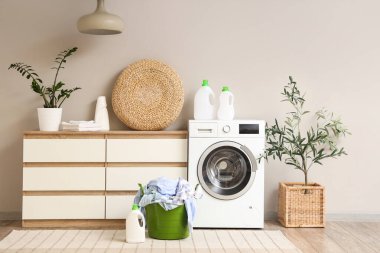 Çamaşır makinesi, çekmeceler, ev bitkileri ve giysili sepeti olan ev çamaşırhanesi.