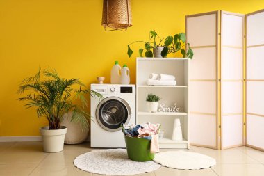 Çamaşır makinesi, raf ünitesi, katlama ekranı, giysili ev bitkisi ve sepeti olan ev çamaşırhanesi.