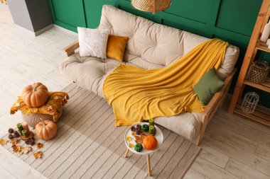 Rahat bir kanepe, puf ve kahve masası. Oturma odasının içinde sonbahar dekoru var.