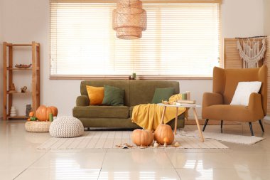 Kanepesi, koltuğu ve sonbahar dekoru olan rahat bir oturma odası.