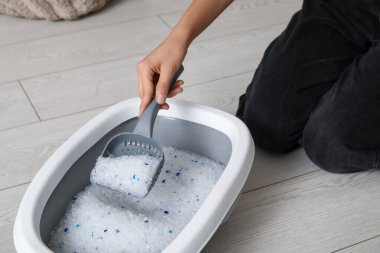 Kadın oturma odasında kedi için çöp kutusunu temizliyor.