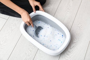 Kadın oturma odasında kedi için çöp kutusunu temizliyor.