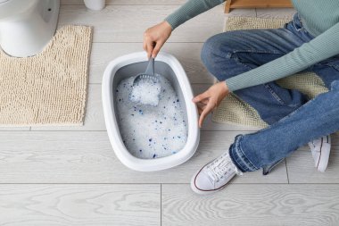 Woman with scoop cleaning litter box for cat on floor in bathroom clipart