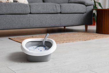 Oturma odasındaki kedi için kepçe ve gri çöp kutusu