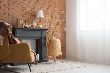 Şömine, yumuşak koltuk, ekose, lamba ve otlu otlar sonbahar oturma odasında